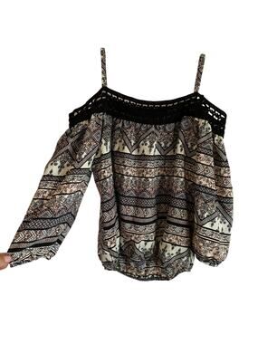 IZ Byer Womens XS Black Crochet Off Shoulder Top Y2K Waist Cropped Peasant